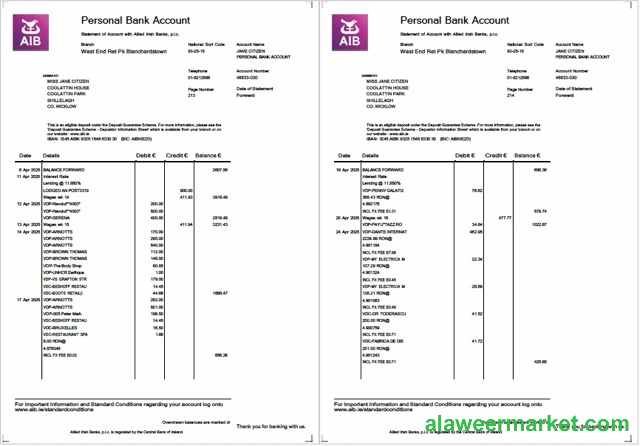 Ireland Allied Irish Banks (AIB) statement of account Word and PDF template, 2 pages